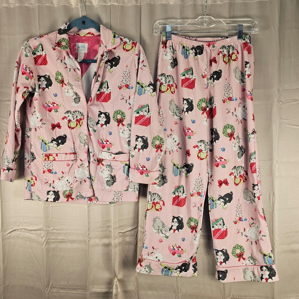 Nick & Nora‎ Girls Pink Christmas Kitten Flannel Pajamas Large 10 12